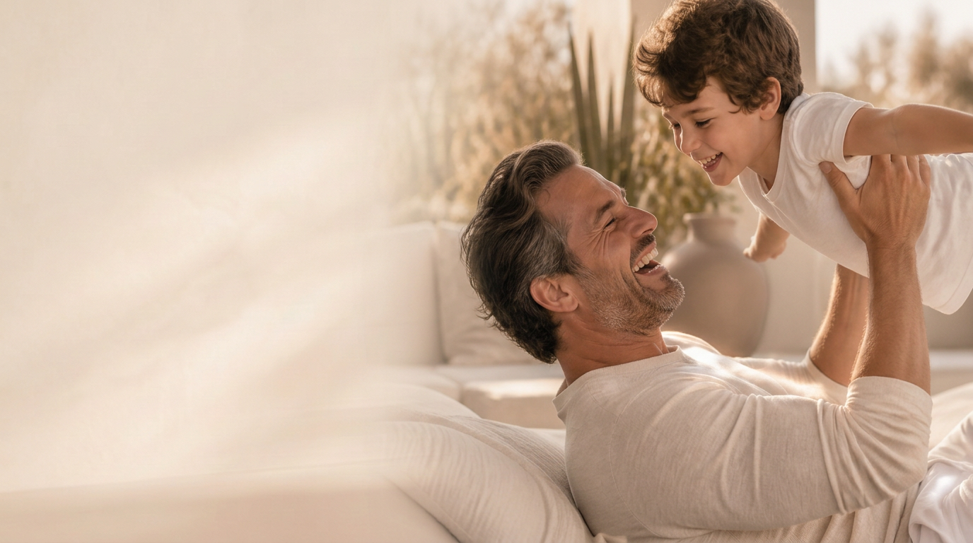 Father lifting his child at home