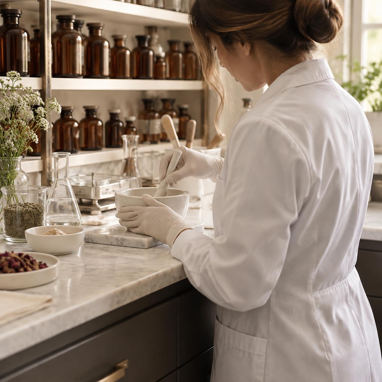 Pharmacist carefully compounding at a clean pharmacy counter
